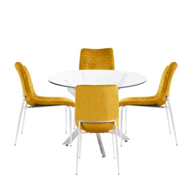Amber 100cm Round Table & 4 Mustard Zula Diamond Plush Chairs