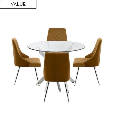 Amber 100cm Round Table & 4 Mustard Diamond Plush Chairs
