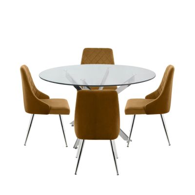 Amber 130 cm Round Table & 4 Mustard Diamond Plush Chairs