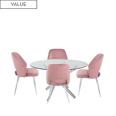 Amber 130 cm Round Table & 4 Pink Plush Chairs