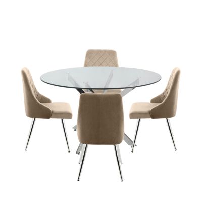 Amber 130 cm Round Table & 4 Pink Diamond Plush Chairs