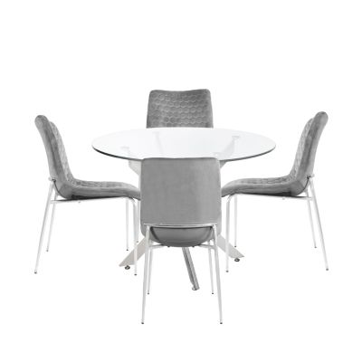 Amber 100cm Round Table & 4 Grey Zula Diamond Plush Chairs